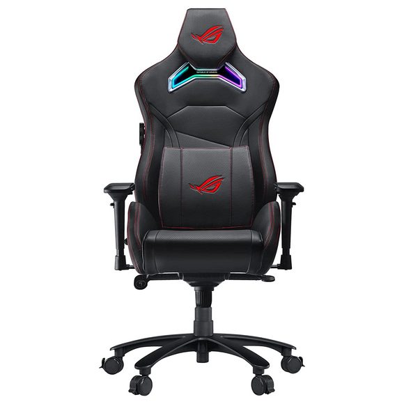 Asus ROG SL300C Chariot RGB gaming chair in racing car style featuring memory foam lumbar support 4D armrests tilt mechanism and durable class 4 gas lift